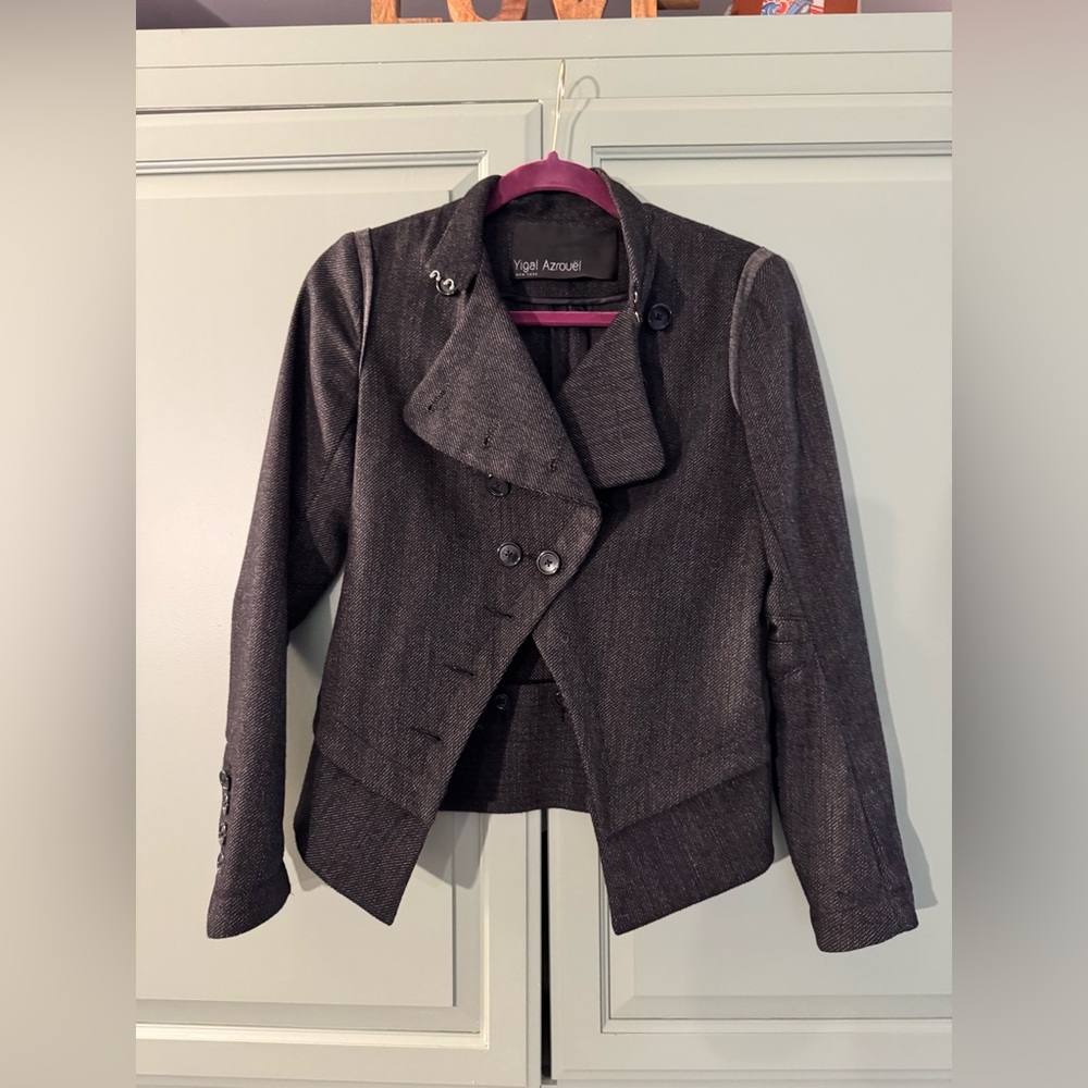 YIGAL AZROUEL Jacket Sz EU4 Black Asymmetric Virgin Wool Blend Detachable Waist